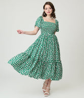 Barbie芒鈧∶?脗垄 x Unique Vintage Green Ditzy Daisy Smocked Midi Dress