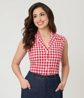 Barbie鈩?x Unique Vintage Red Gingham Picnic Blouse