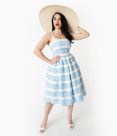 Barbie鈩?x Unique Vintage Blue & White Suburban Shopper Sundress