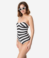 Barbie鈩?x Unique Vintage Black & White Chevron Stripe One Piece Bathing Suit
