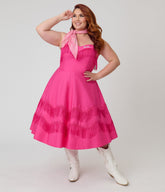 Barbie鈩?x Unique Vintage Plus Size Hot Pink Fringe Girlie Swing Dress
