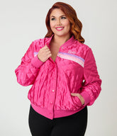 Barbie鈩?x Unique Vintage Plus Size Pink Satin Quilted Varsity Jacket