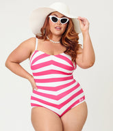 Barbie鈩?x Unique Vintage Plus Size Pink & White Chevron Stripe One Piece Bathing Suit