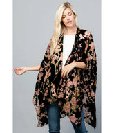 Black Floral Print Velvet Kimono