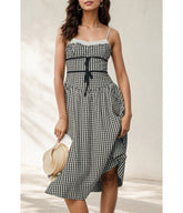 Black Gingham Spaghetti Strap Midi Dress