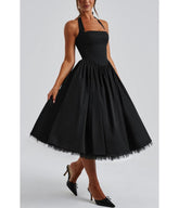 Black Halter Flare Midi Dress