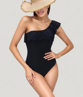 Black One Shoulder Ruffle One Piece Swimsuit