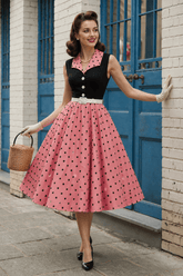 Black & Pink Polka Dot Belted Swing Dress