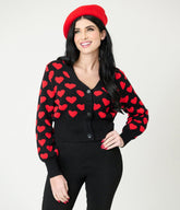 Black & Red Heart Cropped Cardigan