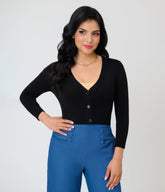 Black Three Quarter Sleeve Crop Cardigan
