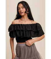 Black Tiered Ruffle Smocked Crop Top