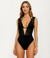 Black V Neck Illusion One Piece Swimsuit