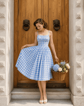 Blue Gingham Spaghetti Strap Swing Dress