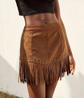 Brown Faux Suede Fringe Mini Skirt