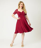 Burgundy Lace Sleeve Swing Dress
