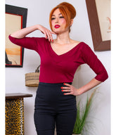 Burgundy Midcentury V-Neck Top