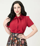 Burgundy Short Sleeve Bow Blouse