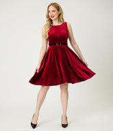 Burgundy Velvet Belted Swing Dress