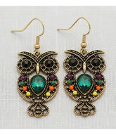 Gold Tone Bejeweled Owl Drop Earrings