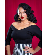 Black Midcentury V-Neck Top