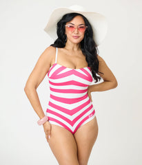 Barbie鈩?x Unique Vintage Pink & White Chevron Stripe One Piece Bathing Suit