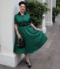 Dolly & Dotty Green Mabel Cat Print Midi Shirt Dress