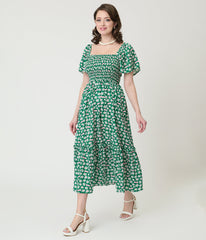 Barbie芒鈧∶?脗垄 x Unique Vintage Green Ditzy Daisy Smocked Midi Dress