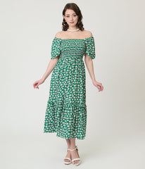 Barbie芒鈧∶?脗垄 x Unique Vintage Green Ditzy Daisy Smocked Midi Dress