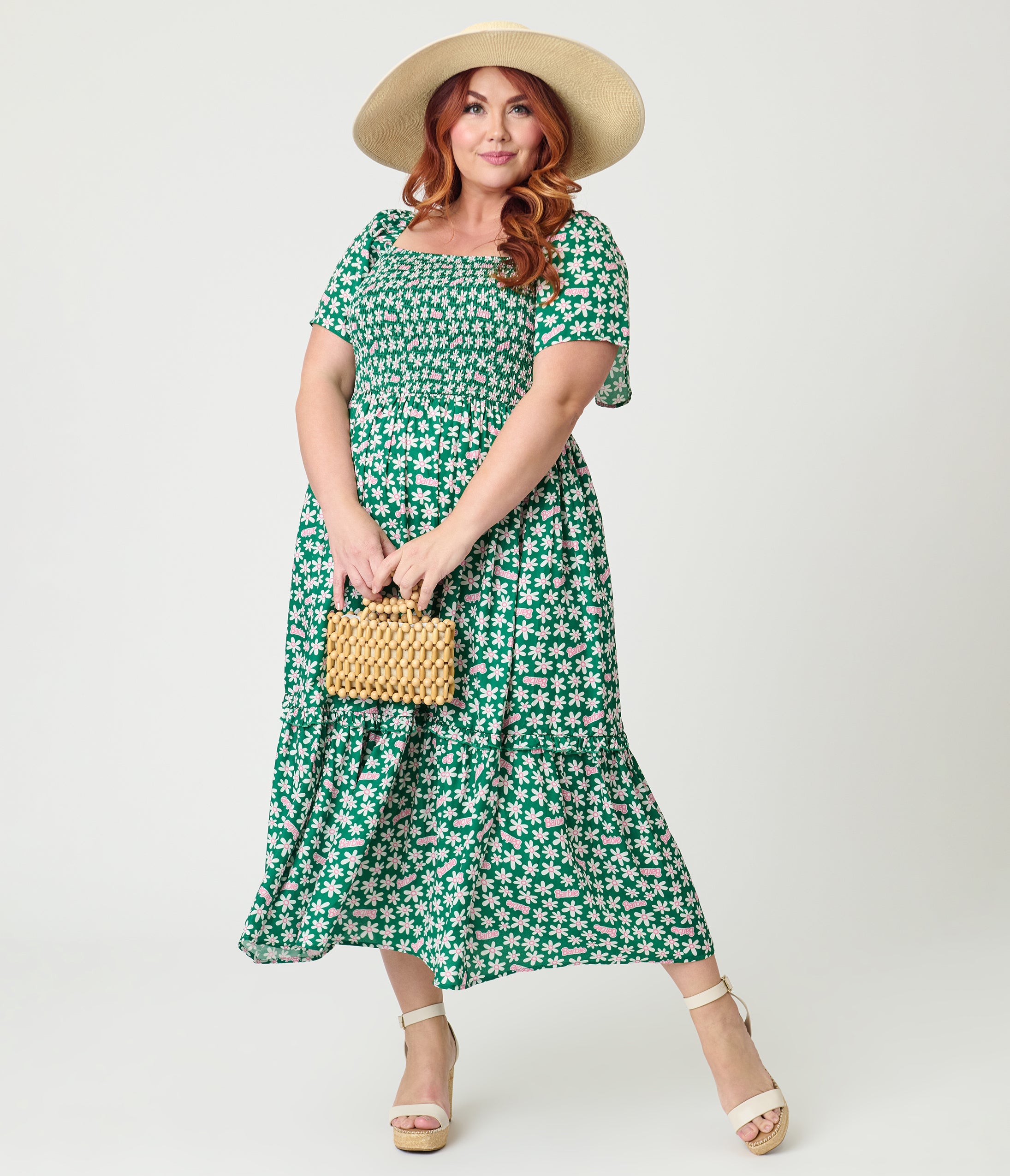 Barbie鈩?x Unique Vintage Plus Size Green Ditzy Daisy Smocked Midi Dress