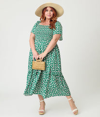 Barbie鈩?x Unique Vintage Plus Size Green Ditzy Daisy Smocked Midi Dress