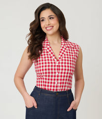 Barbie鈩?x Unique Vintage Red Gingham Picnic Blouse