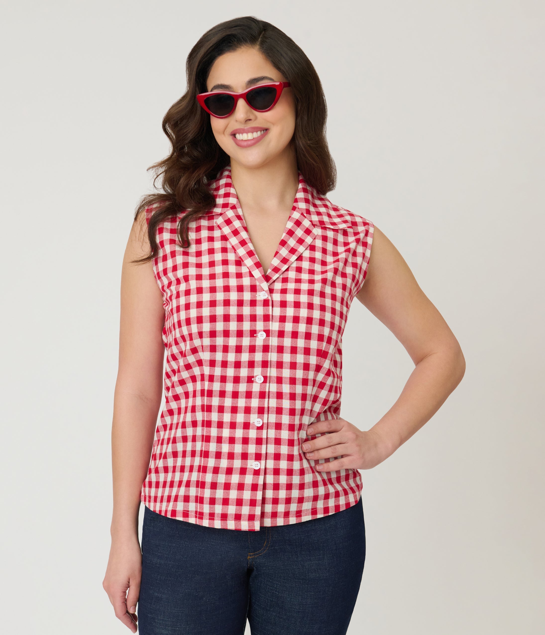 Barbie鈩?x Unique Vintage Red Gingham Picnic Blouse