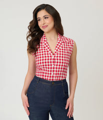 Barbie鈩?x Unique Vintage Red Gingham Picnic Blouse