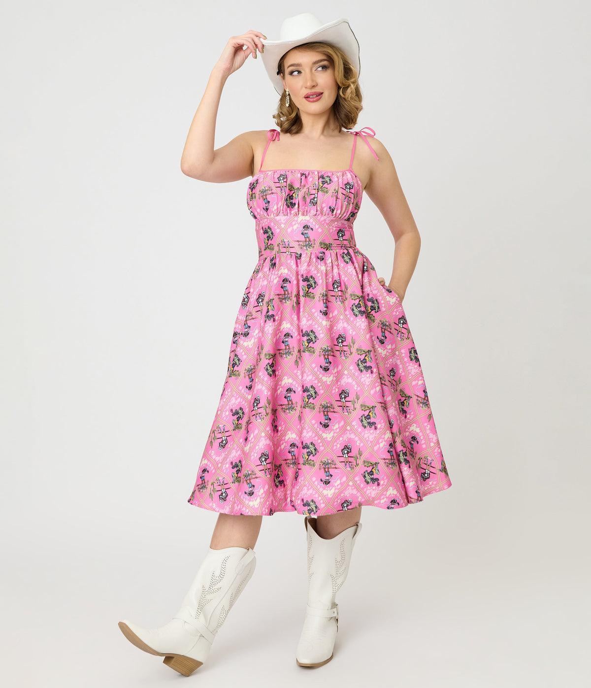 Barbie鈩?x Unique Vintage Pink Rodeo Print Sleeveless Swing Dress