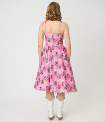 Barbie鈩?x Unique Vintage Pink Rodeo Print Sleeveless Swing Dress