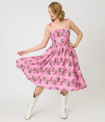 Barbie鈩?x Unique Vintage Pink Rodeo Print Sleeveless Swing Dress
