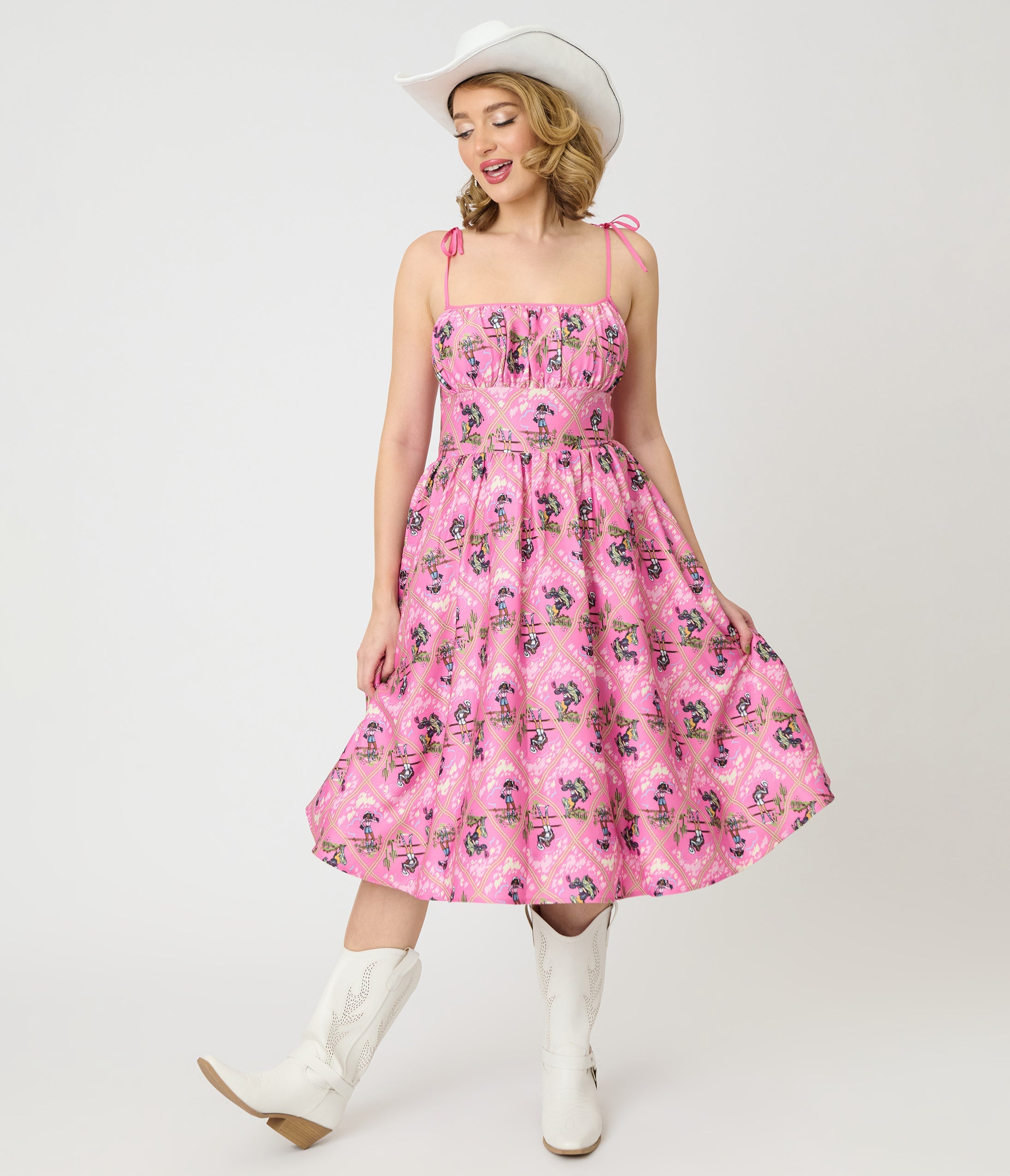Barbie鈩?x Unique Vintage Pink Rodeo Print Sleeveless Swing Dress