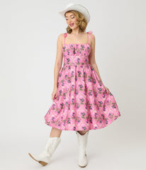 Barbie鈩?x Unique Vintage Pink Rodeo Print Sleeveless Swing Dress