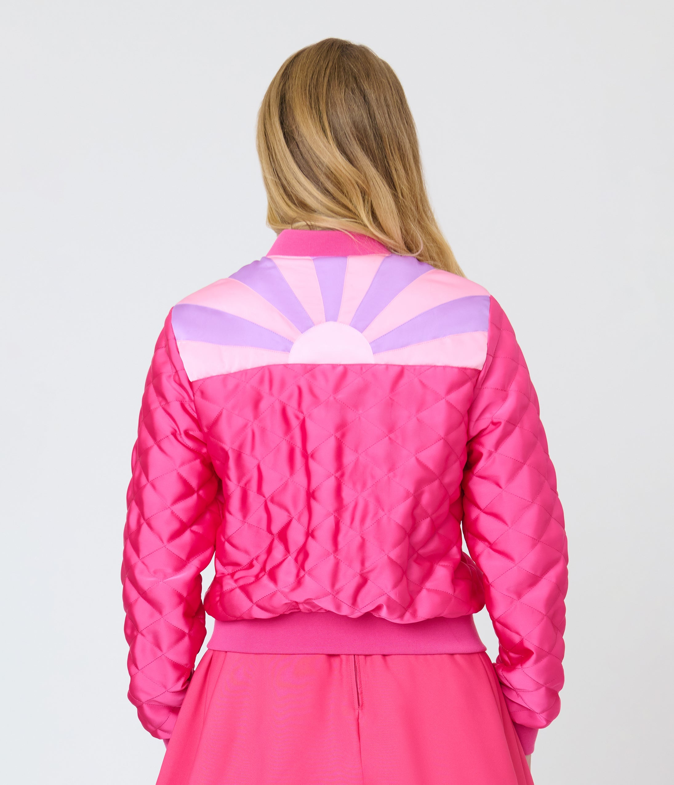 Barbie鈩?x Unique Vintage Pink Satin Quilted Varsity Jacket