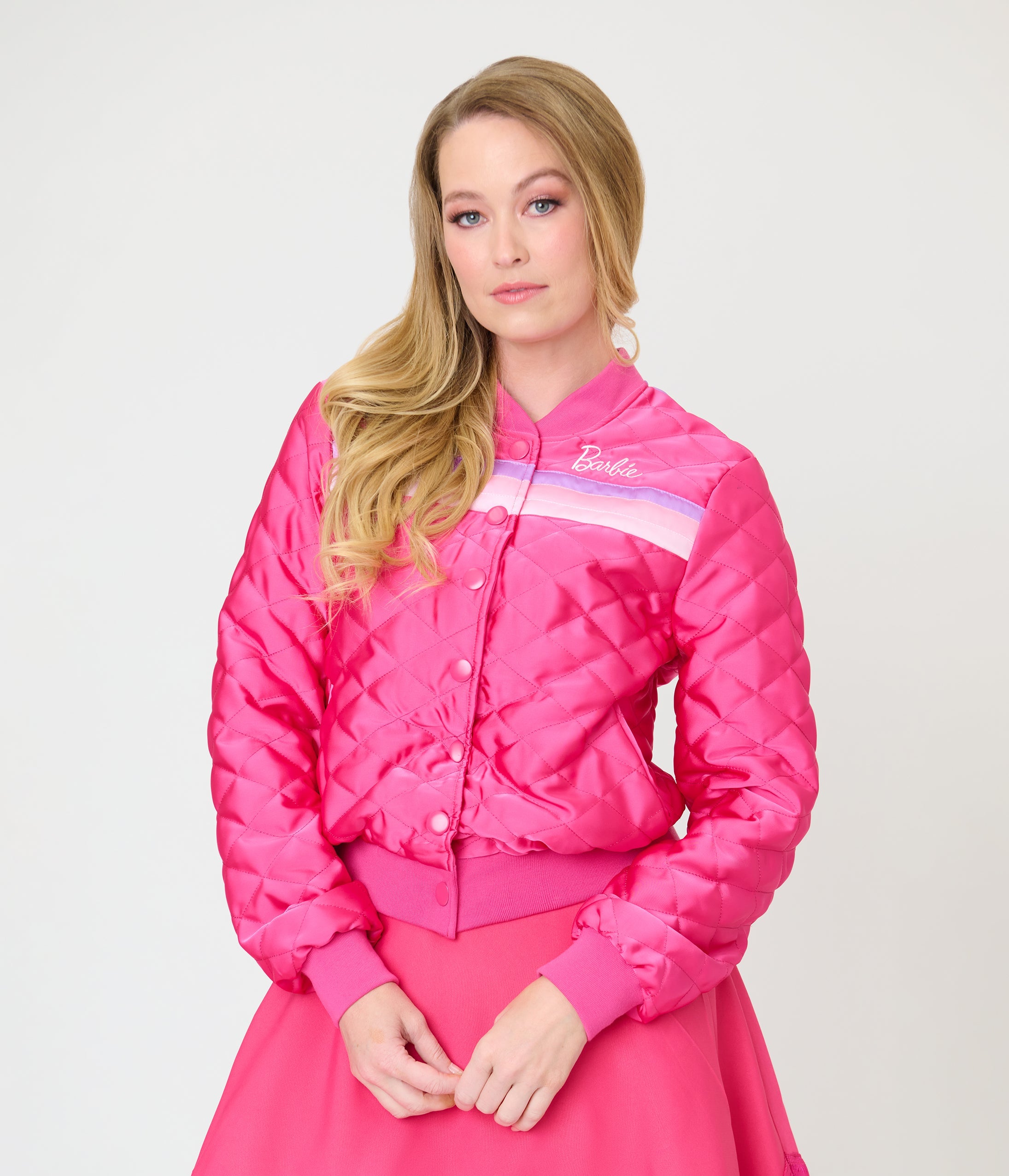 Barbie鈩?x Unique Vintage Pink Satin Quilted Varsity Jacket