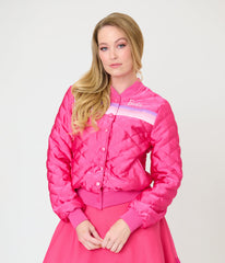 Barbie鈩?x Unique Vintage Pink Satin Quilted Varsity Jacket