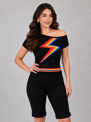 Black Rainbow Lightning One Shoulder Knit Top