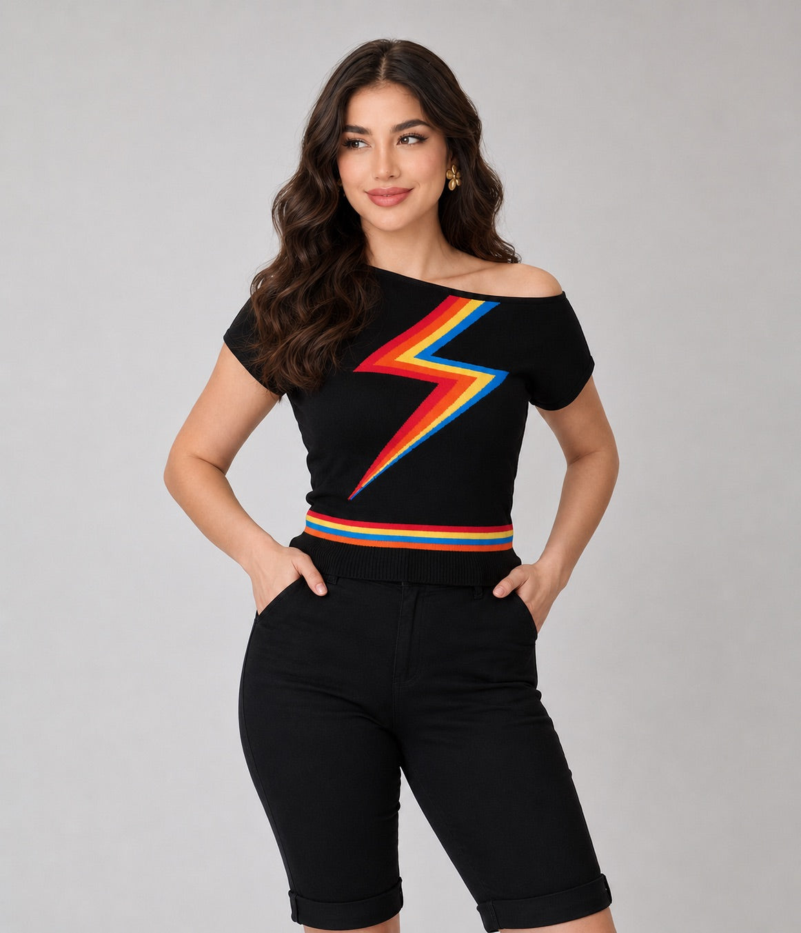 Black Rainbow Lightning One Shoulder Knit Top