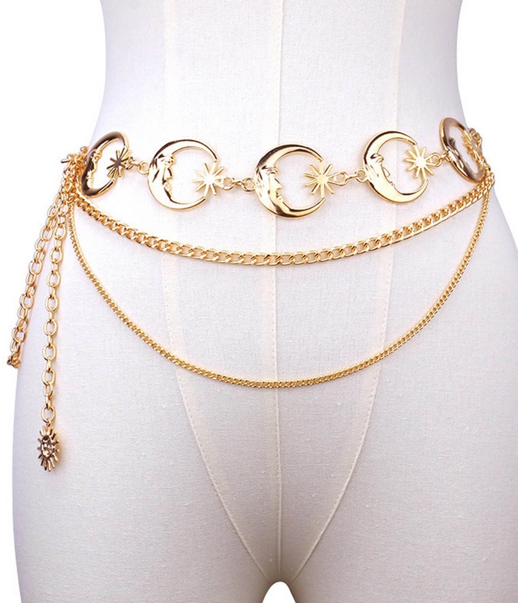 Gold Tone Celestial Moon & Star Layered Chain Belt