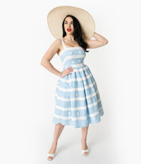 Barbie鈩?x Unique Vintage Blue & White Suburban Shopper Sundress