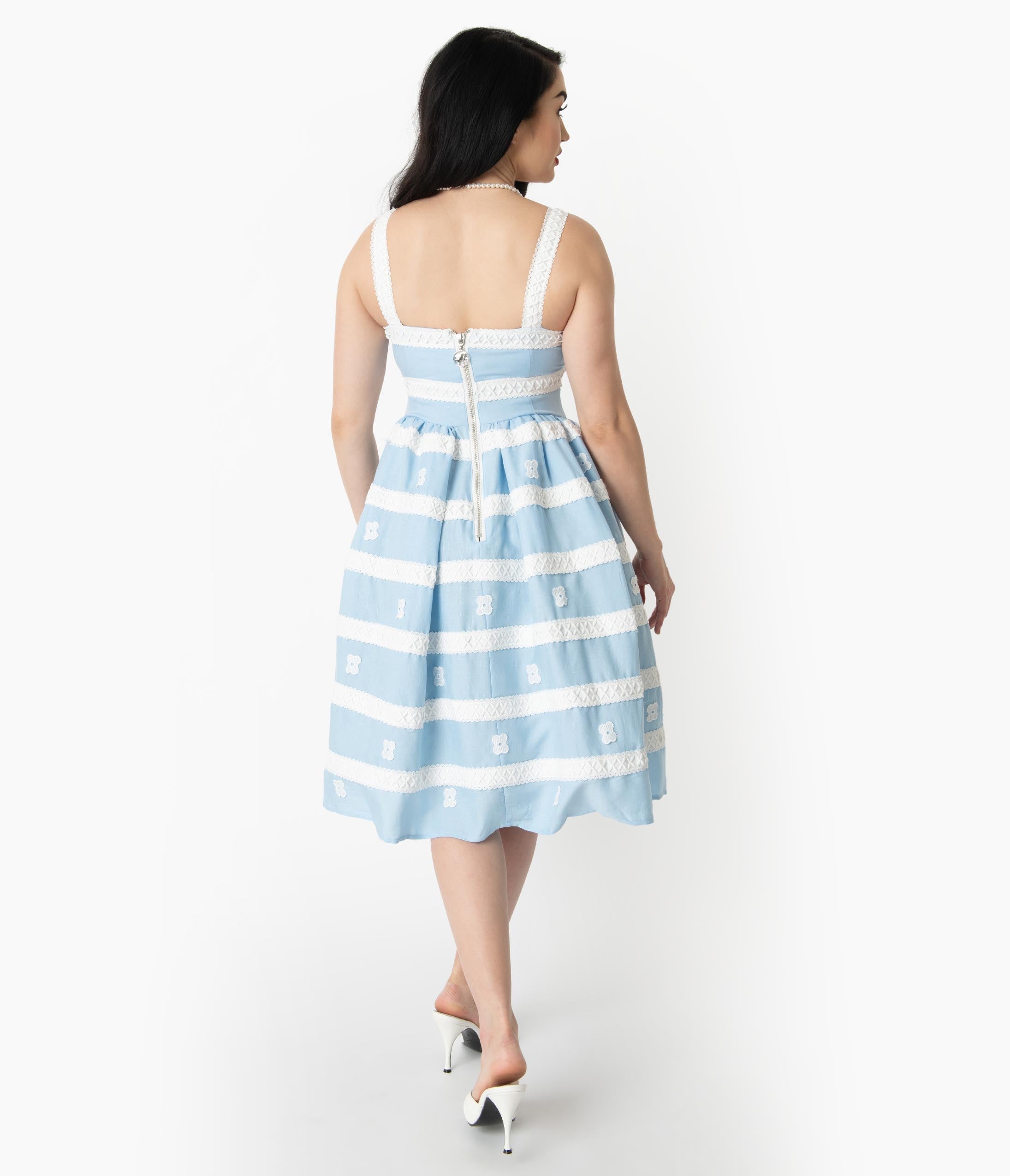 Barbie鈩?x Unique Vintage Blue & White Suburban Shopper Sundress
