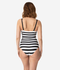 Barbie鈩?x Unique Vintage Black & White Chevron Stripe One Piece Bathing Suit