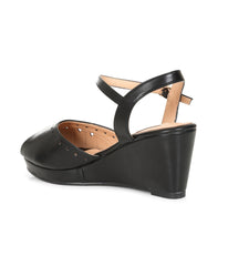 Banned Black Leatherette Peep Toe Wedges