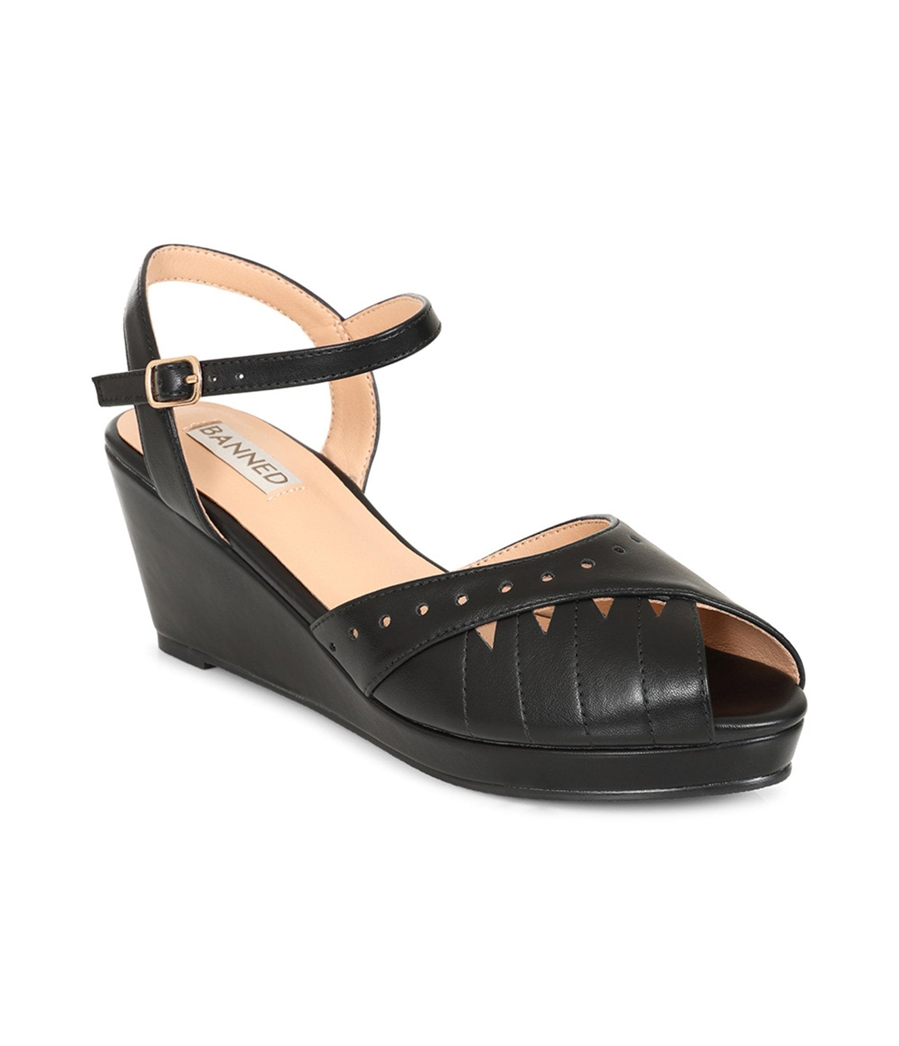 Banned Black Leatherette Peep Toe Wedges
