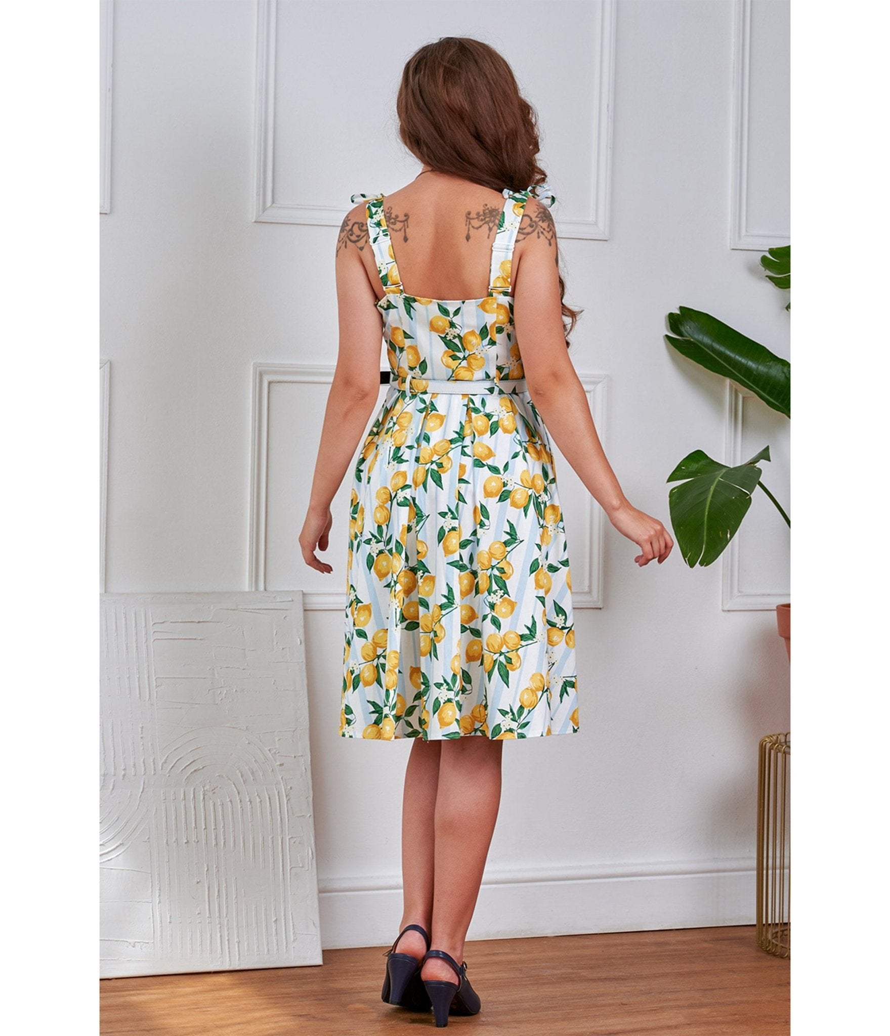 Banned Blue Striped Lemon Print Swing Dress